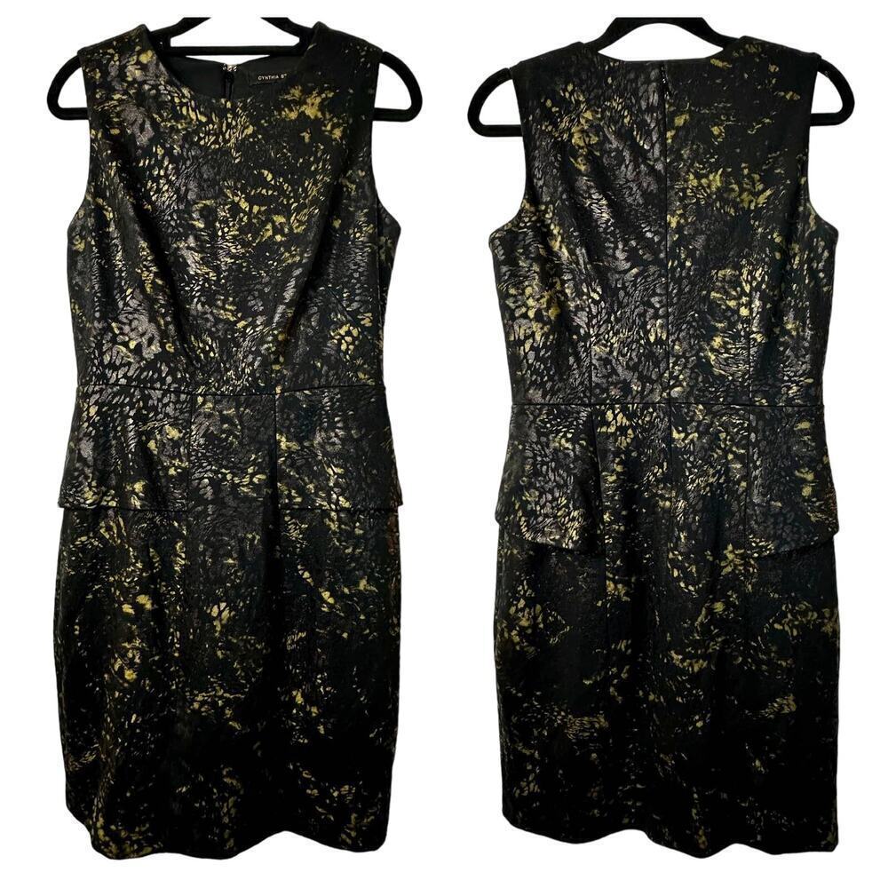 Cynthia Steffe Dress Peplum Sheath Mini Sleeveless Snake Reptile Black Gold 8